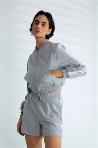 SIRTI BASKILI UZUN KOLLU GRİ KADIN MONT  D99385-2Y5