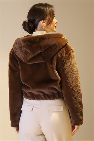 KAPÜŞONLU PELUŞ KAHVE KADIN MONT  D99497-2K5