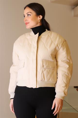 DİK YAKA ÇITÇITLI TAŞ KADIN MONT  D99516-2K5