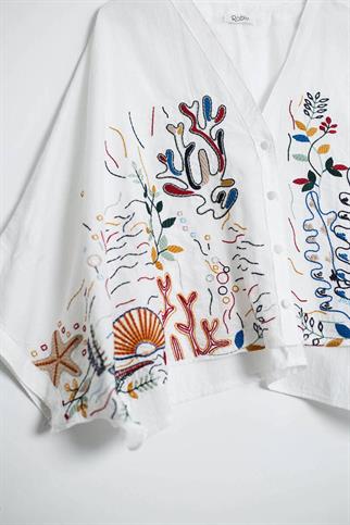 İŞLEMELİ V YAKA EKRU KADIN BLUZ   M37049-2Y5