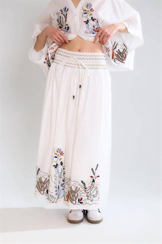 NAKIŞ İŞLEMELİ BELİ LASTİKLİ EKRU KADIN ETEK M37055-2Y5