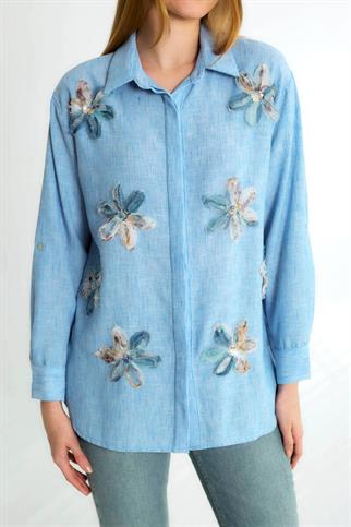 UZUN KOLLU ÇİÇEKLİ MAVİ KADINGÖMLEK  M38044-2Y5