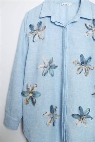 UZUN KOLLU ÇİÇEKLİ MAVİ KADINGÖMLEK  M38044-2Y5