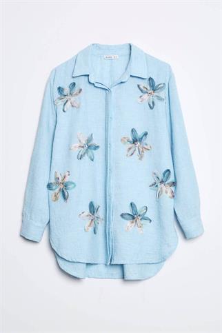 UZUN KOLLU ÇİÇEKLİ MAVİ KADINGÖMLEK  M38044-2Y5