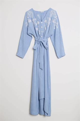 BELİ LASTİKLİ UZUN KOLLU MAVİ KADIN ELBİSE  M38081-2Y5