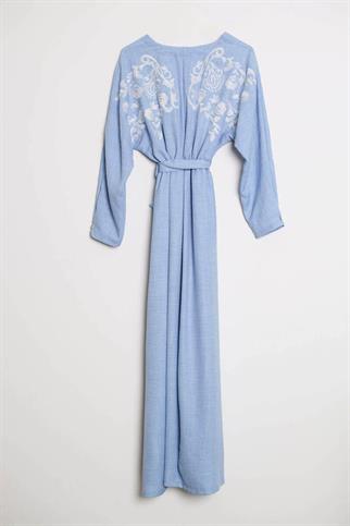 BELİ LASTİKLİ UZUN KOLLU MAVİ KADIN ELBİSE  M38081-2Y5