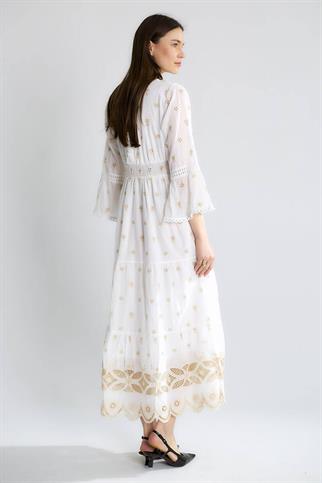 V YAKA ETEĞİ GÜPÜRLÜ EKRU KADIN ELBİSE  M38243-2Y5