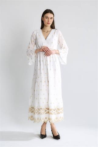V YAKA ETEĞİ GÜPÜRLÜ EKRU KADIN ELBİSE  M38243-2Y5