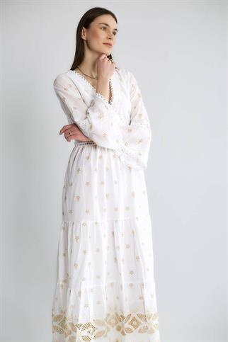 V YAKA ETEĞİ GÜPÜRLÜ EKRU KADIN ELBİSE  M38243-2Y5