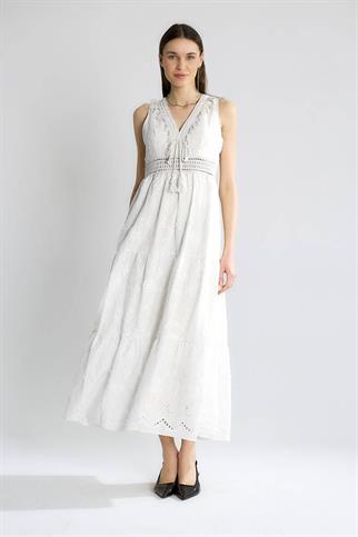 V YAKA KOLSUZ EKRU KADIN ELBİSE  M38283-2Y5