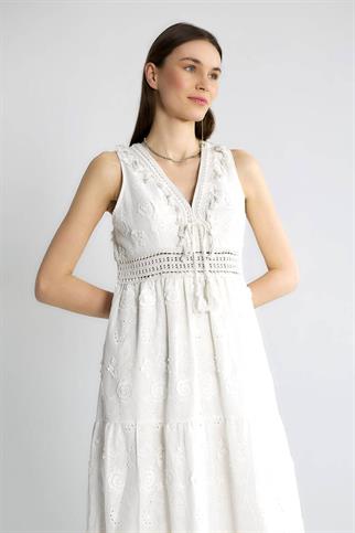 V YAKA KOLSUZ EKRU KADIN ELBİSE  M38283-2Y5