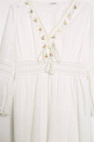 PÜSKÜL DETAYLI EKRU KADIN ELBİSE  M38343-2Y5