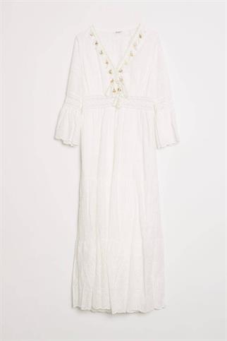 PÜSKÜL DETAYLI EKRU KADIN ELBİSE  M38343-2Y5