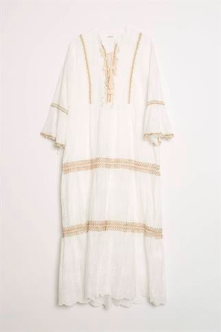 V YAKA DANTELLİ EKRU UZUN KADIN ELBİSE  M38370-2Y5