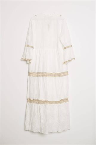 V YAKA DANTELLİ EKRU UZUN KADIN ELBİSE  M38370-2Y5