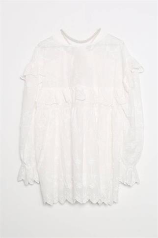 YAKASI İNCİLİ DANTEL EKRU KADIN BLUZ  M38658-2Y5