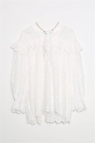 YAKASI İNCİLİ DANTEL EKRU KADIN BLUZ  M38658-2Y5