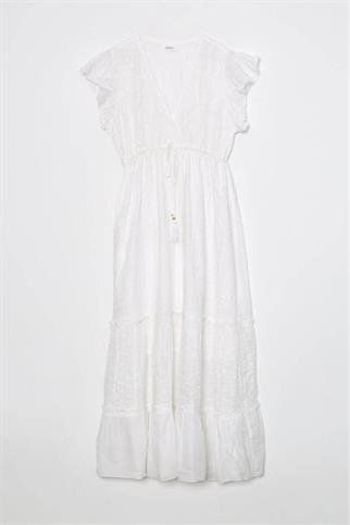 KOLLARI FIRFIRLI V YAKA EKRU KADIN ELBİSE  M38664-2Y5