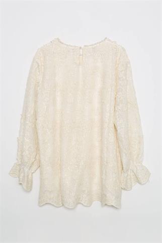 KOLLARI LASTİKLİ PUL İŞLEMELİ NATURAL KADIN BLUZ  M38689-2Y5