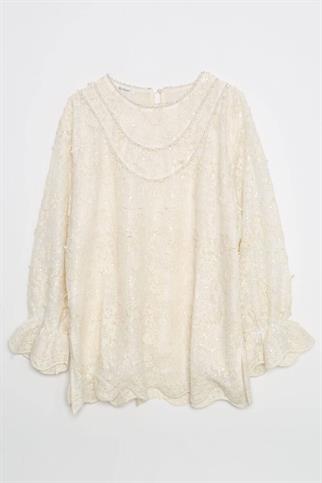 KOLLARI LASTİKLİ PUL İŞLEMELİ NATURAL KADIN BLUZ  M38689-2Y5