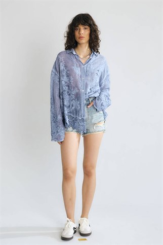 Güpür Detay İşlemeli Kadın Gömlek İndigo M38785-2Y6