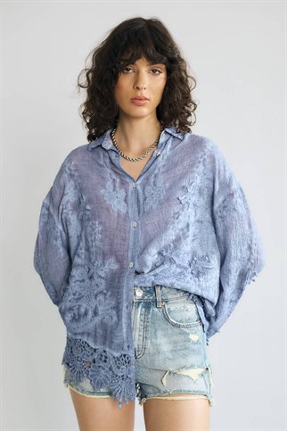 Güpür Detay İşlemeli Kadın Gömlek İndigo M38785-2Y6