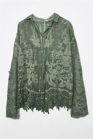 İşlemeli Güpürlü Kadın Gömlek Yeşil M38785-2Y6