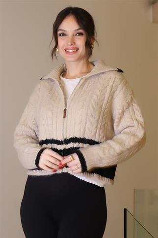 GENİŞ YAKA FERMUARLI TAŞ KADIN TRİKO CEKET T94594-2K5