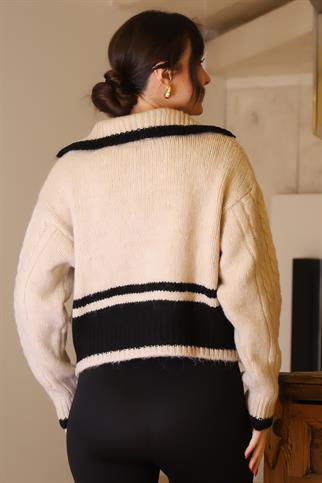 GENİŞ YAKA FERMUARLI TAŞ KADIN TRİKO CEKET T94594-2K5