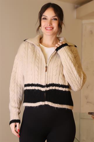 GENİŞ YAKA FERMUARLI TAŞ KADIN TRİKO CEKET T94594-2K5