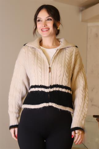 GENİŞ YAKA FERMUARLI TAŞ KADIN TRİKO CEKET T94594-2K5