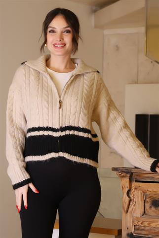 GENİŞ YAKA FERMUARLI TAŞ KADIN TRİKO CEKET T94594-2K5