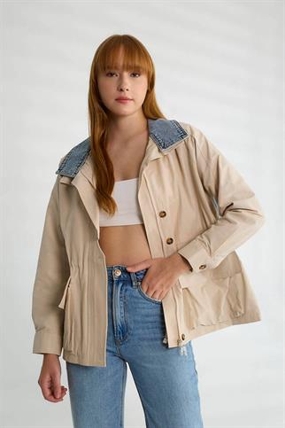 UZUN KOLLU KOT DETAYLI TAŞ KADIN TRENÇKOT  D87083-2Y5