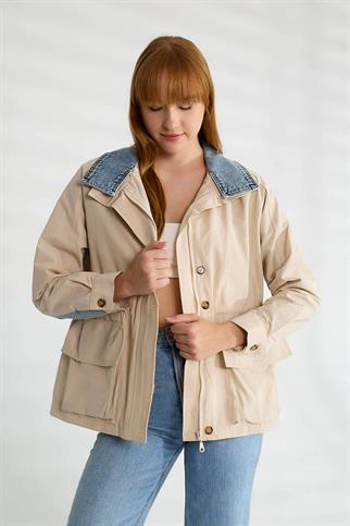 UZUN KOLLU KOT DETAYLI TAŞ KADIN TRENÇKOT  D87083-2Y5