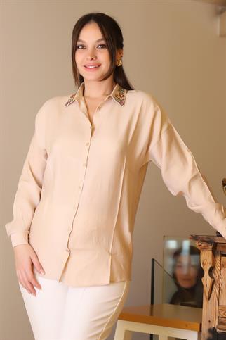 YAKASI BONCUK İŞLEMELİ BEJ KADIN GÖMLEK  3210-2Y5