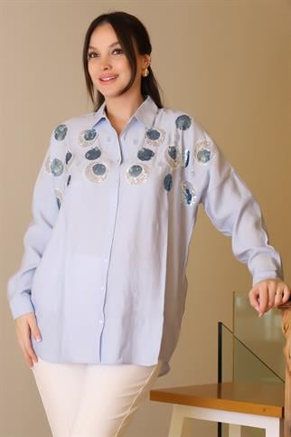 YUVARLAK PUL İŞLEMELİ MAVİ KADIN GÖMLEK  3437-2Y5