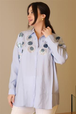 YUVARLAK PUL İŞLEMELİ MAVİ KADIN GÖMLEK  3437-2Y5