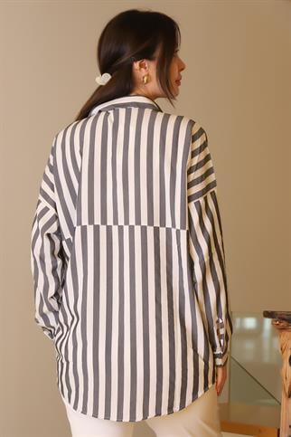 ÇİZGİLİ BONCUK İŞLEMELİ GRİ BEYAZ KADIN GÖMLEK  4107-2Y5