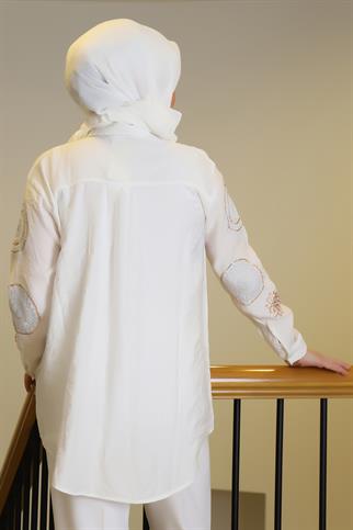 NAKIŞ İŞLEMELİPULLU EKRU KADIN GÖMLEK  4143-2Y5