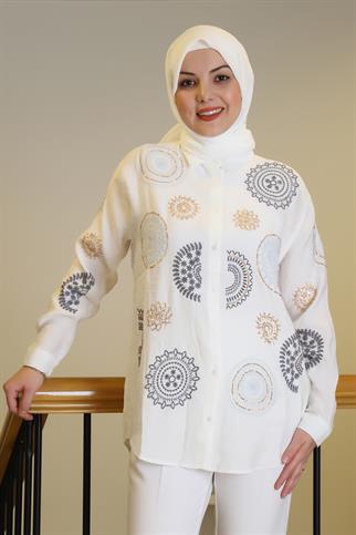 NAKIŞ İŞLEMELİPULLU EKRU KADIN GÖMLEK  4143-2Y5