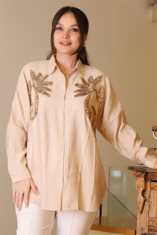 UZUN KOLLU BONCUK İŞLEMELİ BEJ KADIN GÖMLEK  4470-2Y5