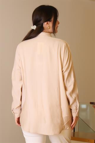 UZUN KOLLU BONCUK İŞLEMELİ BEJ KADIN GÖMLEK  4470-2Y5