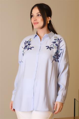 MAVİ PUL VE BONCUK İŞLEMELİ UZUN KOLLU KADIN GÖMLEK  4488-2Y5