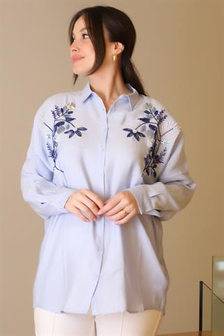 MAVİ PUL VE BONCUK İŞLEMELİ UZUN KOLLU KADIN GÖMLEK  4488-2Y5