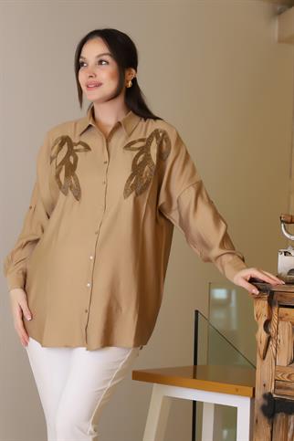 CAMEL UZUN BONCUK İŞLEMELİ KADIN GÖMLEK  4505-2Y5