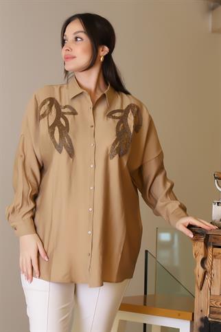 CAMEL UZUN BONCUK İŞLEMELİ KADIN GÖMLEK  4505-2Y5