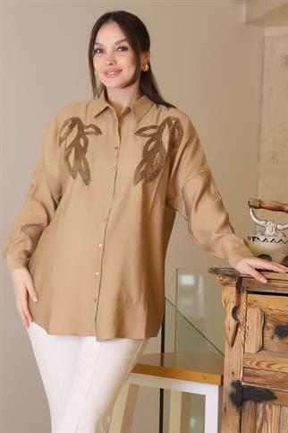 CAMEL UZUN BONCUK İŞLEMELİ KADIN GÖMLEK  4505-2Y5