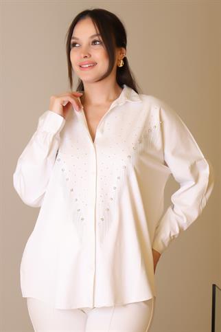 EKRU UZUN KOLLU ZİNCİR İŞLEMELİ KADIN GÖMLEK  4703-2Y5