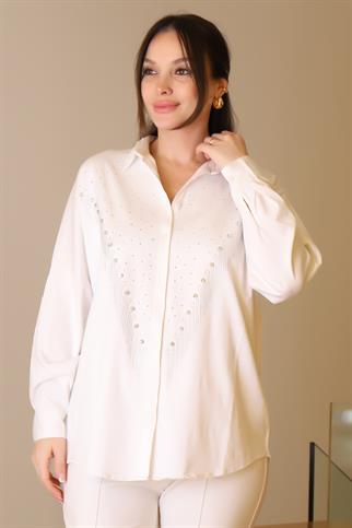 EKRU UZUN KOLLU ZİNCİR İŞLEMELİ KADIN GÖMLEK  4703-2Y5