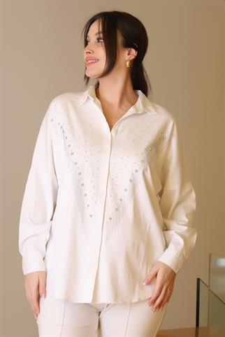 EKRU UZUN KOLLU ZİNCİR İŞLEMELİ KADIN GÖMLEK  4703-2Y5